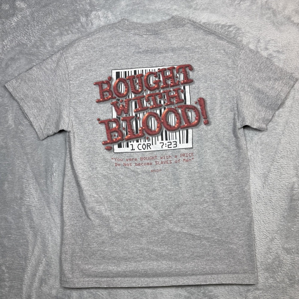 Vtg Kerusso T Shirt Men M Gray Bought With Blood Barcode Religious Verse Y2K
